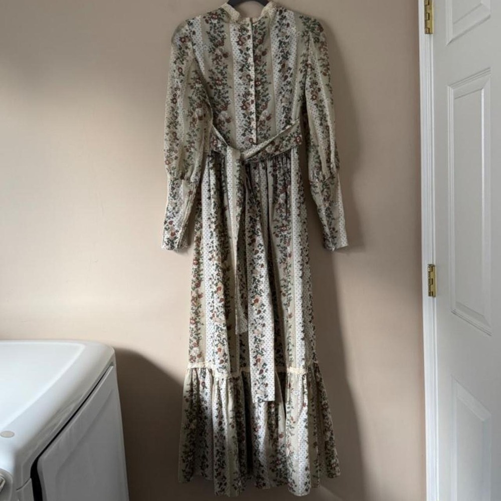 Vintage 70s Handmade Lace, Floral + Polka Dot Maxi Dress XS prairie boho green - Picture 6 of 8